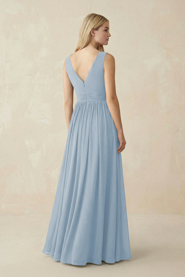 V-Neck Chiffon Pleated A-Line Bridesmaid Dress in Dusty Blue - KissProm BRIDESMAID DRESSES