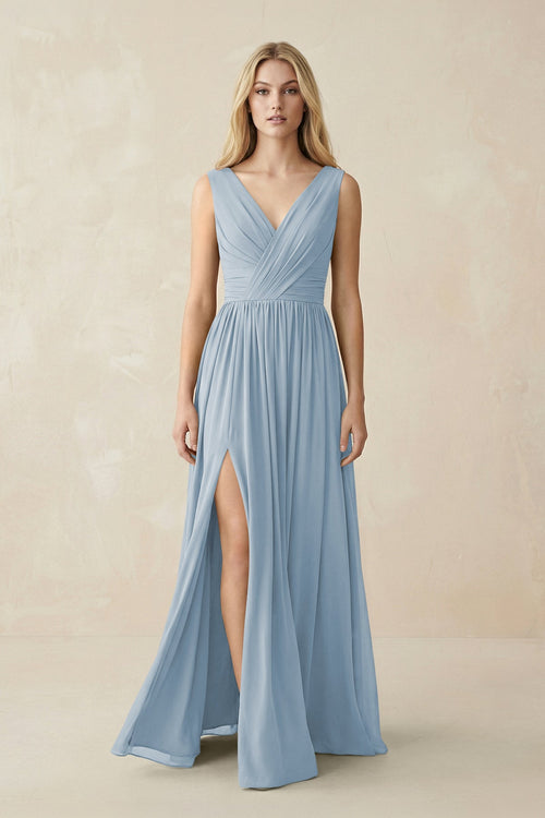 V-Neck Chiffon Pleated A-Line Bridesmaid Dress in Dusty Blue - KissProm BRIDESMAID DRESSES