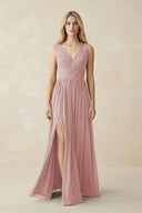 V-Neck Chiffon Pleated A-Line Bridesmaid Dress in Dusty Rose - KissProm BRIDESMAID DRESSES