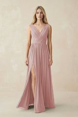 V-Neck Chiffon Pleated A-Line Bridesmaid Dress in Dusty Rose - KissProm BRIDESMAID DRESSES