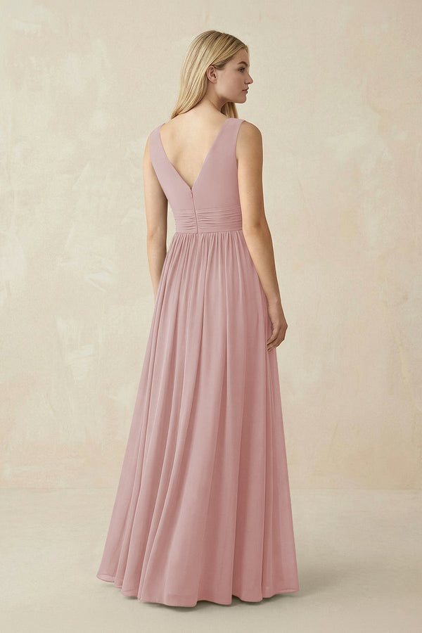 V-Neck Chiffon Pleated A-Line Bridesmaid Dress in Dusty Rose - KissProm BRIDESMAID DRESSES