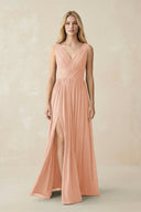 V-Neck Chiffon Pleated A-Line Bridesmaid Dress in English Rose - KissProm BRIDESMAID DRESSES
