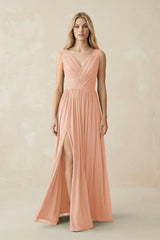 V-Neck Chiffon Pleated A-Line Bridesmaid Dress in English Rose - KissProm BRIDESMAID DRESSES