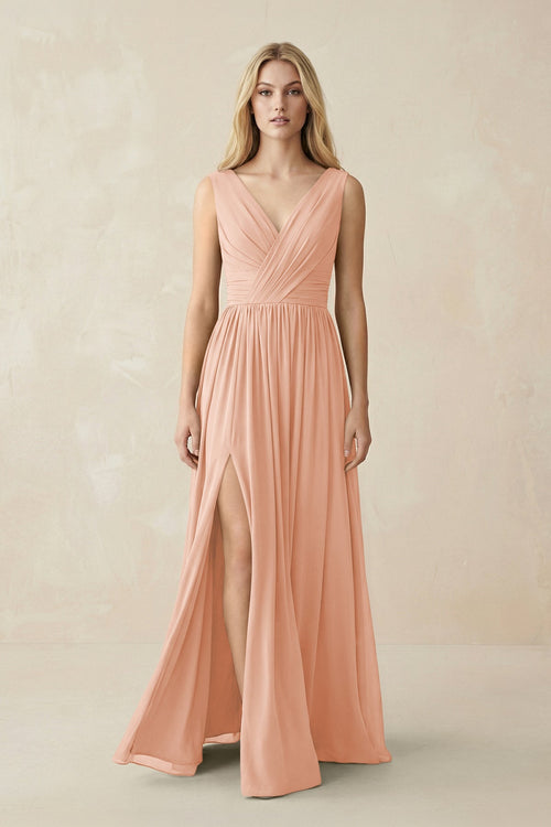 V-Neck Chiffon Pleated A-Line Bridesmaid Dress in English Rose - KissProm BRIDESMAID DRESSES
