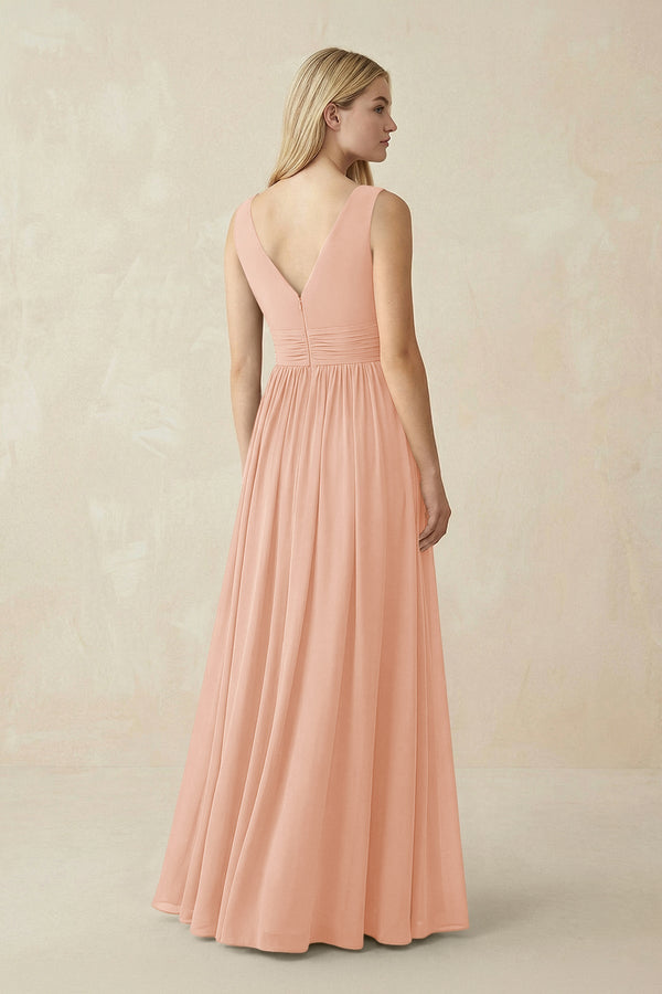 V-Neck Chiffon Pleated A-Line Bridesmaid Dress in English Rose - KissProm BRIDESMAID DRESSES