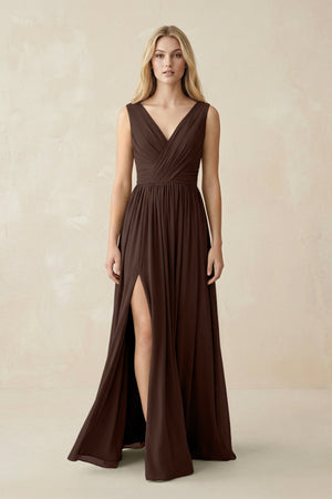 V-Neck Chiffon Pleated A-Line Bridesmaid Dress in Espresso - KissProm BRIDESMAID DRESSES
