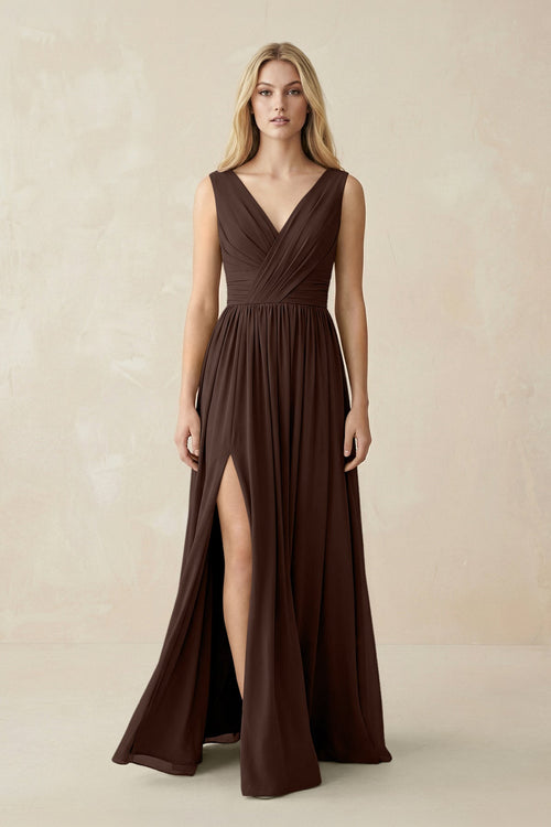 V-Neck Chiffon Pleated A-Line Bridesmaid Dress in Espresso - KissProm BRIDESMAID DRESSES