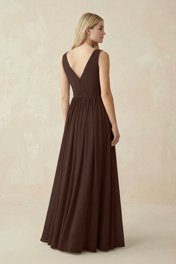 V-Neck Chiffon Pleated A-Line Bridesmaid Dress in Espresso - KissProm BRIDESMAID DRESSES