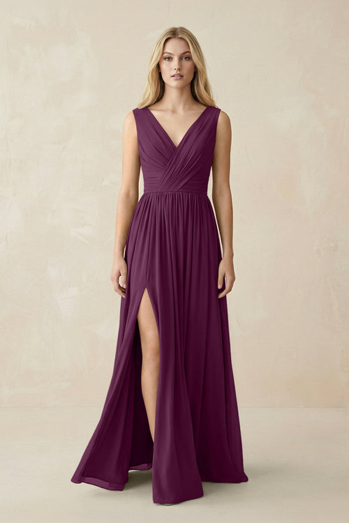 V-Neck Chiffon Pleated A-Line Bridesmaid Dress in Fig - KissProm BRIDESMAID DRESSES