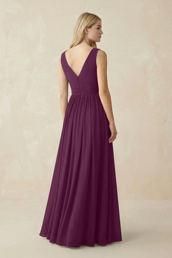 V-Neck Chiffon Pleated A-Line Bridesmaid Dress in Fig - KissProm BRIDESMAID DRESSES