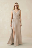 V-Neck Chiffon Pleated A-Line Bridesmaid Dress in Frost - KissProm BRIDESMAID DRESSES
