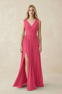 V-Neck Chiffon Pleated A-Line Bridesmaid Dress in Fuchsia - KissProm BRIDESMAID DRESSES