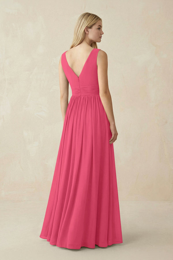 V-Neck Chiffon Pleated A-Line Bridesmaid Dress in Fuchsia - KissProm BRIDESMAID DRESSES