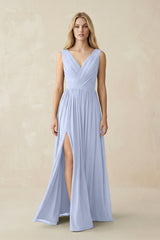 V-Neck Chiffon Pleated A-Line Bridesmaid Dress in Ice - KissProm BRIDESMAID DRESSES