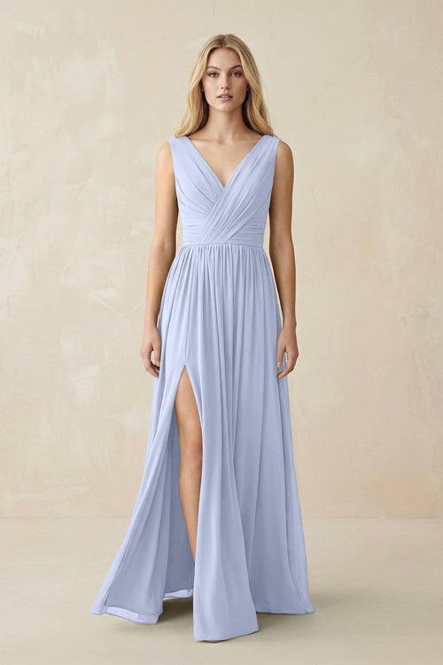 V-Neck Chiffon Pleated A-Line Bridesmaid Dress in Ice - KissProm BRIDESMAID DRESSES