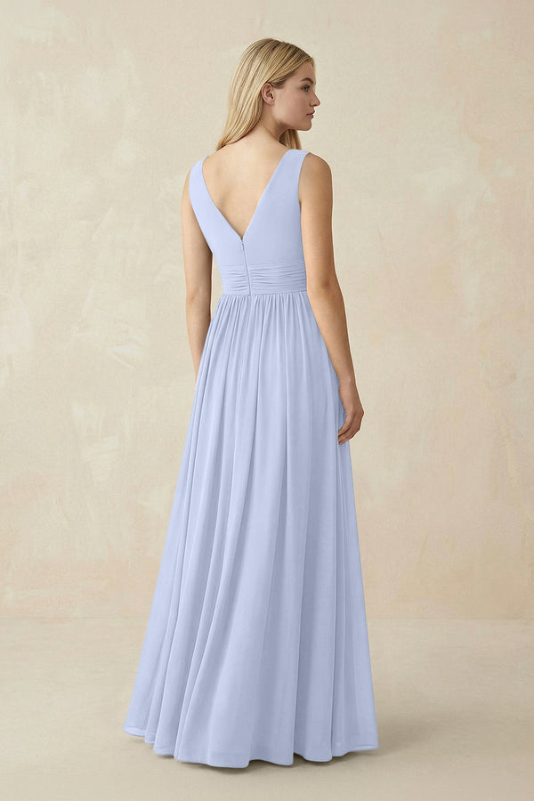 V-Neck Chiffon Pleated A-Line Bridesmaid Dress in Ice - KissProm BRIDESMAID DRESSES