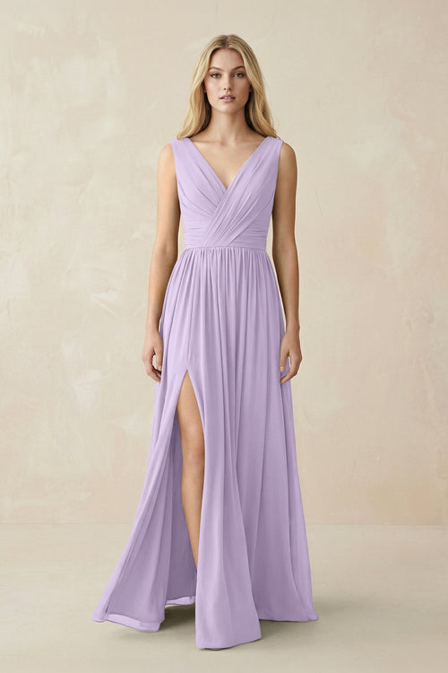 V-Neck Chiffon Pleated A-Line Bridesmaid Dress in Lavender - KissProm BRIDESMAID DRESSES
