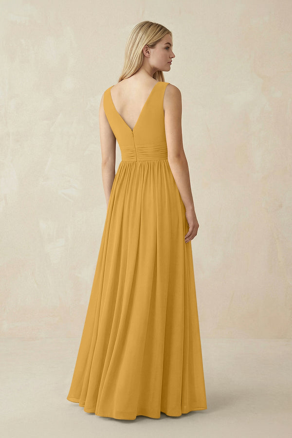V-Neck Chiffon Pleated A-Line Bridesmaid Dress in Marigold - KissProm BRIDESMAID DRESSES
