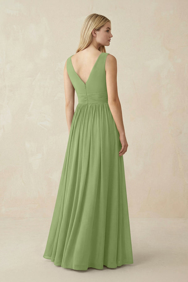 V-Neck Chiffon Pleated A-Line Bridesmaid Dress in Matcha - KissProm BRIDESMAID DRESSES