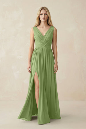 V-Neck Chiffon Pleated A-Line Bridesmaid Dress in Matcha - KissProm BRIDESMAID DRESSES