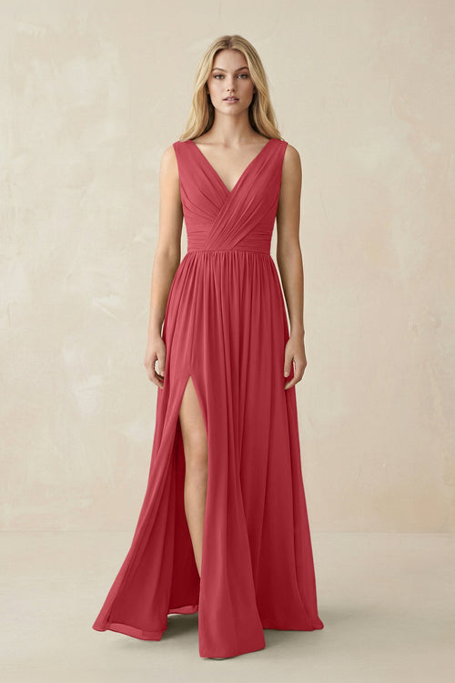 V-Neck Chiffon Pleated A-Line Bridesmaid Dress in Merlot - KissProm BRIDESMAID DRESSES
