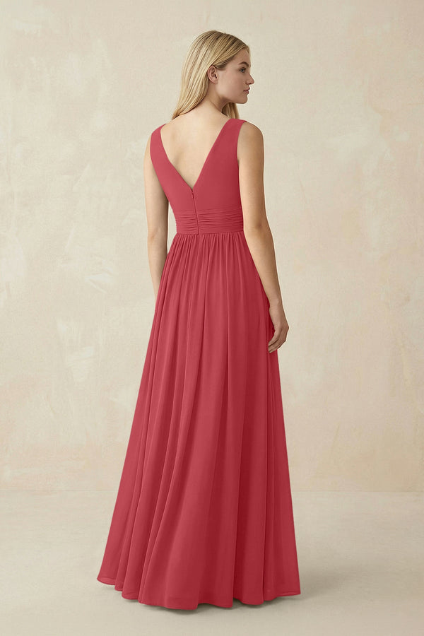 V-Neck Chiffon Pleated A-Line Bridesmaid Dress in Merlot - KissProm BRIDESMAID DRESSES