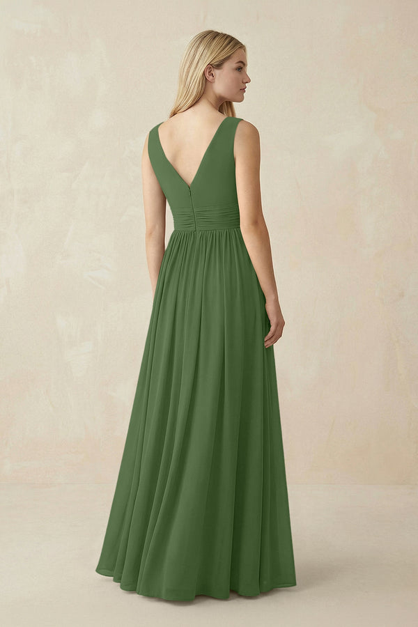 V-Neck Chiffon Pleated A-Line Bridesmaid Dress in Moss - KissProm BRIDESMAID DRESSES