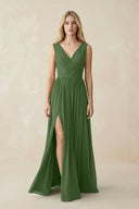 V-Neck Chiffon Pleated A-Line Bridesmaid Dress in Moss - KissProm BRIDESMAID DRESSES