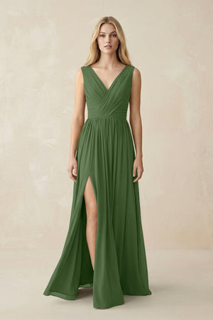 V-Neck Chiffon Pleated A-Line Bridesmaid Dress in Moss - KissProm BRIDESMAID DRESSES