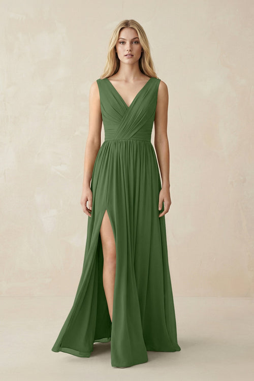 V-Neck Chiffon Pleated A-Line Bridesmaid Dress in Moss - KissProm BRIDESMAID DRESSES