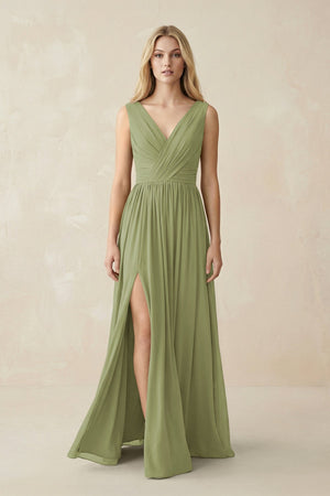 V-Neck Chiffon Pleated A-Line Bridesmaid Dress in Moss Green - KissProm BRIDESMAID DRESSES