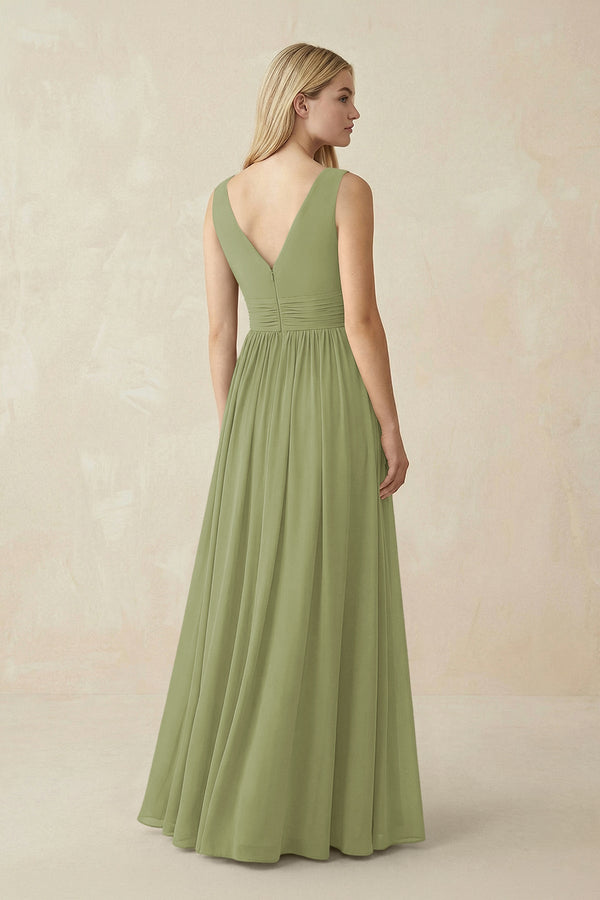 V-Neck Chiffon Pleated A-Line Bridesmaid Dress in Moss Green - KissProm BRIDESMAID DRESSES