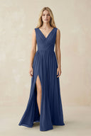 V-Neck Chiffon Pleated A-Line Bridesmaid Dress in Navy - KissProm BRIDESMAID DRESSES
