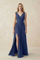 V-Neck Chiffon Pleated A-Line Bridesmaid Dress in Navy - KissProm BRIDESMAID DRESSES