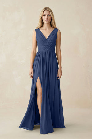 V-Neck Chiffon Pleated A-Line Bridesmaid Dress in Navy - KissProm BRIDESMAID DRESSES