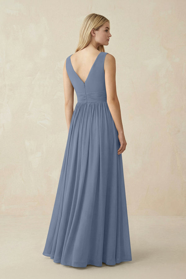V-Neck Chiffon Pleated A-Line Bridesmaid Dress in Neptune - KissProm BRIDESMAID DRESSES