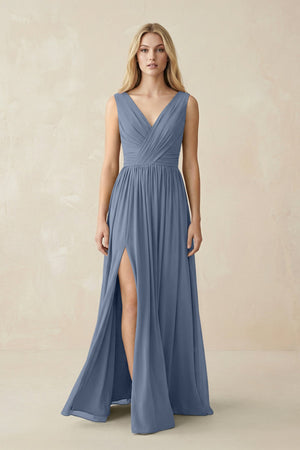 V-Neck Chiffon Pleated A-Line Bridesmaid Dress in Neptune - KissProm BRIDESMAID DRESSES
