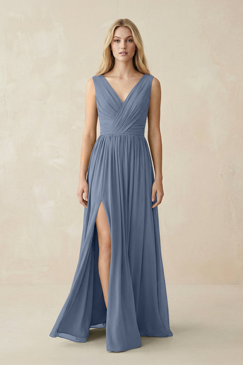V-Neck Chiffon Pleated A-Line Bridesmaid Dress in Neptune - KissProm BRIDESMAID DRESSES