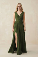 V-Neck Chiffon Pleated A-Line Bridesmaid Dress in Olive - KissProm BRIDESMAID DRESSES
