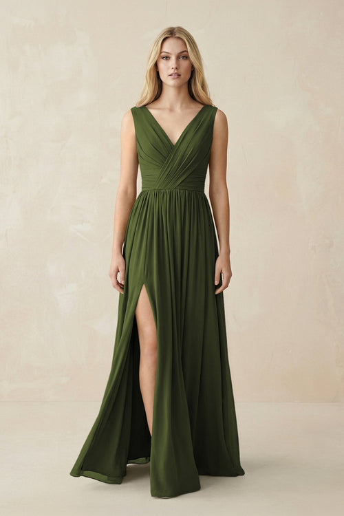 V-Neck Chiffon Pleated A-Line Bridesmaid Dress in Olive - KissProm BRIDESMAID DRESSES