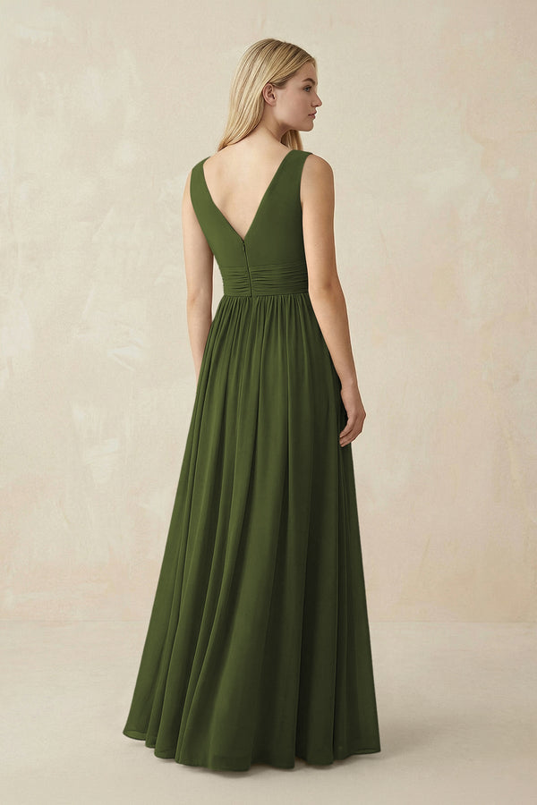 V-Neck Chiffon Pleated A-Line Bridesmaid Dress in Olive - KissProm BRIDESMAID DRESSES