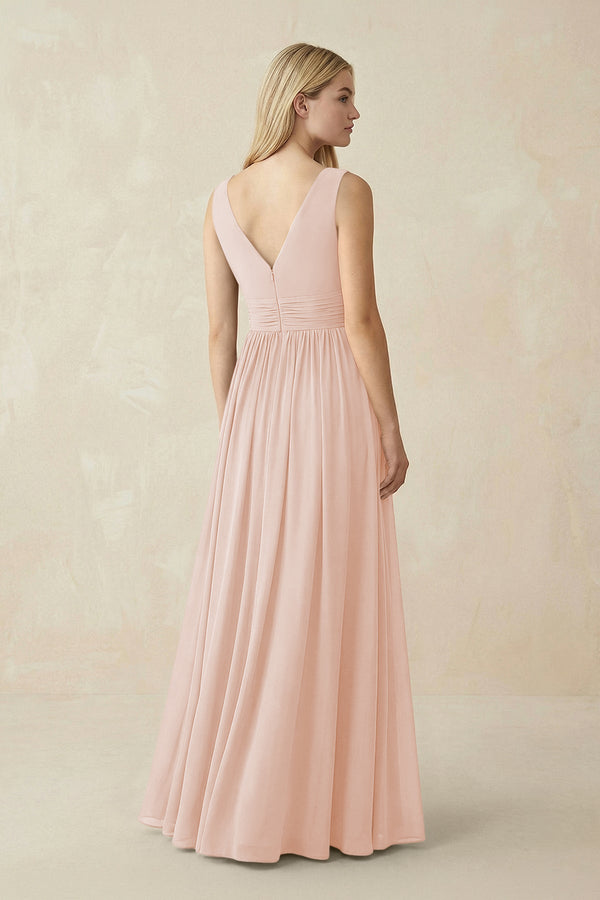 V-Neck Chiffon Pleated A-Line Bridesmaid Dress in Pale Blush - KissProm BRIDESMAID DRESSES