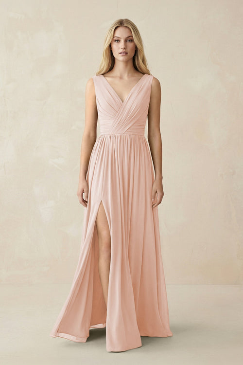V-Neck Chiffon Pleated A-Line Bridesmaid Dress in Pale Blush - KissProm BRIDESMAID DRESSES