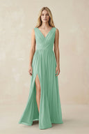 V-Neck Chiffon Pleated A-Line Bridesmaid Dress in Pale Pistachio - KissProm BRIDESMAID DRESSES