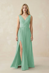 V-Neck Chiffon Pleated A-Line Bridesmaid Dress in Pale Pistachio - KissProm BRIDESMAID DRESSES