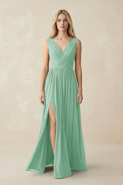 V-Neck Chiffon Pleated A-Line Bridesmaid Dress in Pale Pistachio - KissProm BRIDESMAID DRESSES