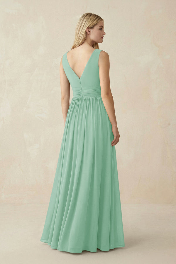 V-Neck Chiffon Pleated A-Line Bridesmaid Dress in Pale Pistachio - KissProm BRIDESMAID DRESSES
