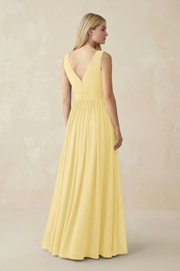 V-Neck Chiffon Pleated A-Line Bridesmaid Dress in Pastel Yellow - KissProm BRIDESMAID DRESSES