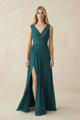 V-Neck Chiffon Pleated A-Line Bridesmaid Dress in Pine - KissProm BRIDESMAID DRESSES