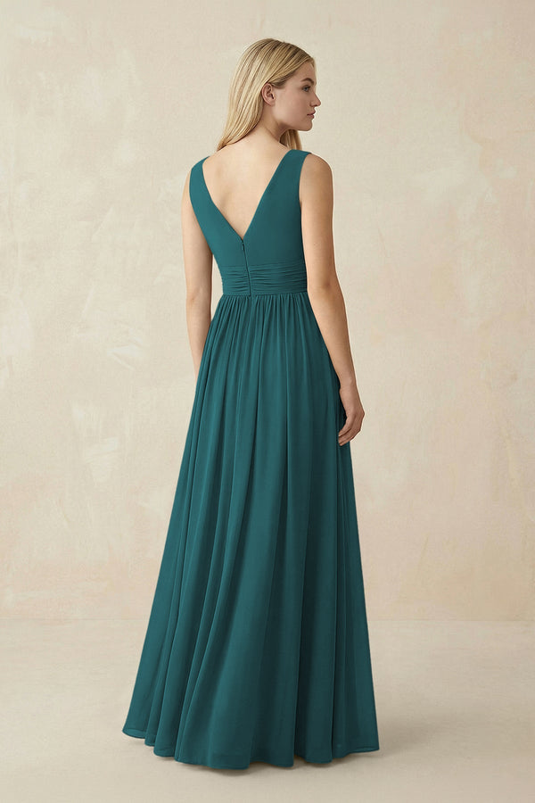 V-Neck Chiffon Pleated A-Line Bridesmaid Dress in Pine - KissProm BRIDESMAID DRESSES